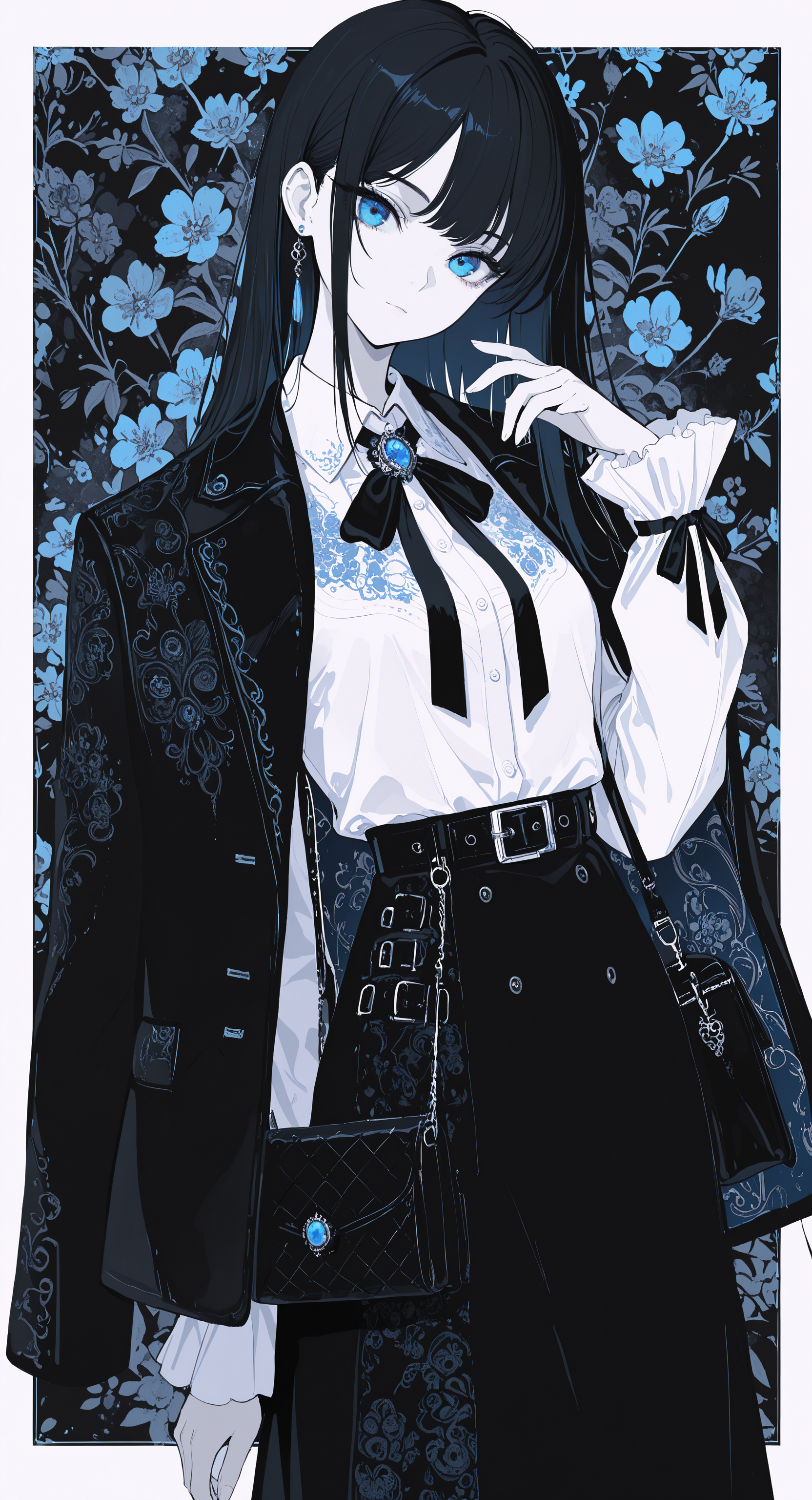 masterpiece, best quality, good quality, very awa, newest, highres, absurdres, 1girl, solo, long hair, looking at viewer, blue eyes, shirt, skirt, black hair, long sleeves, bow, ribbon, closed mouth, jewelry, standing, jacket, white shirt, cowboy shot, earrings, collared shirt, belt, hand up, black skirt, bag, english text, black jacket, head tilt, black bow, neck ribbon, black ribbon, border, frilled sleeves, brooch, black belt, outside border, single earring, shoulder bag, shirt tucked in, handbag, jacket on shoulders, floral background, black bag, embroidery, limited palette, <lora:illustriousXL_stabilizer_v1.23:0.3> <lora:NOOB_vp1_detailer_by_volnovik_v1:0.3> <lora:ponyv6_noobE11_2_adamW-000017:0.3> <lora:114558v4df2fsdf5:0.6> <lora:XXX667:0.4> <lora:mon_monmon2133:0.5>