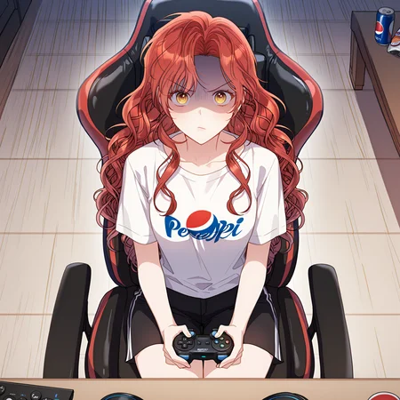 masterpiece, best quality, amazing quality, very aesthetic, absurdres, explicit, <lora:Schuer:1>, schuer, long hair, red hair, wavy hair, golden eyes, looking at viewer, angry, shaded face, pov, playing on pc, holding gamepad, t-shirt, sitting on gaming chair, pepsi, snacks, table, headphones, neet, room