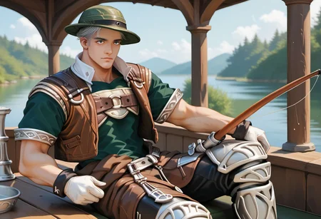 score_9, score_8_up, score_7_up, male focus, toned male, natgra2, gray eyes, short hair, silver hair, steel greaves, plated footwear, brown skirt, black pants, green shirt, brown leather vest, silver belts, white gloves, silver chest plate, morning, lake, cloudy, sitting, boat, fishing, holding fishing rod, beer, cooler, (mature face:1.2), (green fisherman hat:1.5), view from the side