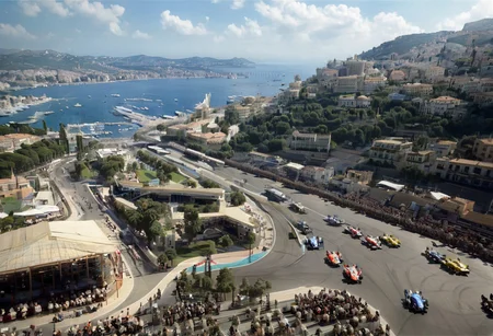 ,Monaco 1940s,Grand Prix,racing cars, one in front, cars behind blurred, all cars kept within frame, ((((aerial view,))),
frame of picture,racetrack,outdoors,
sky blue,day,motion blur to wheels, some dust, keep cars perspective,
facing forward, close race, one driver per car, reflection in helmet visas,
cloud,tree,blue sky,_p_style, all with drivers, racing drivers, drivers heads all facing forwards, all wearing helmets,red car, blue car, yellow car, green car,ferrari,text MONACO on barriers, well drawn numbers on cars<lora:VintagePPXL:1>, (masterpiece, best quality, ultra-detailed, best shadow), high contrast, (best illumination), ((cinematic light)), colourful, hyper detail, dramatic light, intricate details, ultra detailed artistic photography, backlit, shadows, ultra high definition, 8k, ultra sharp focus, ultra high quality, soft lighting, film photography, analogue photography, hyperrealism,