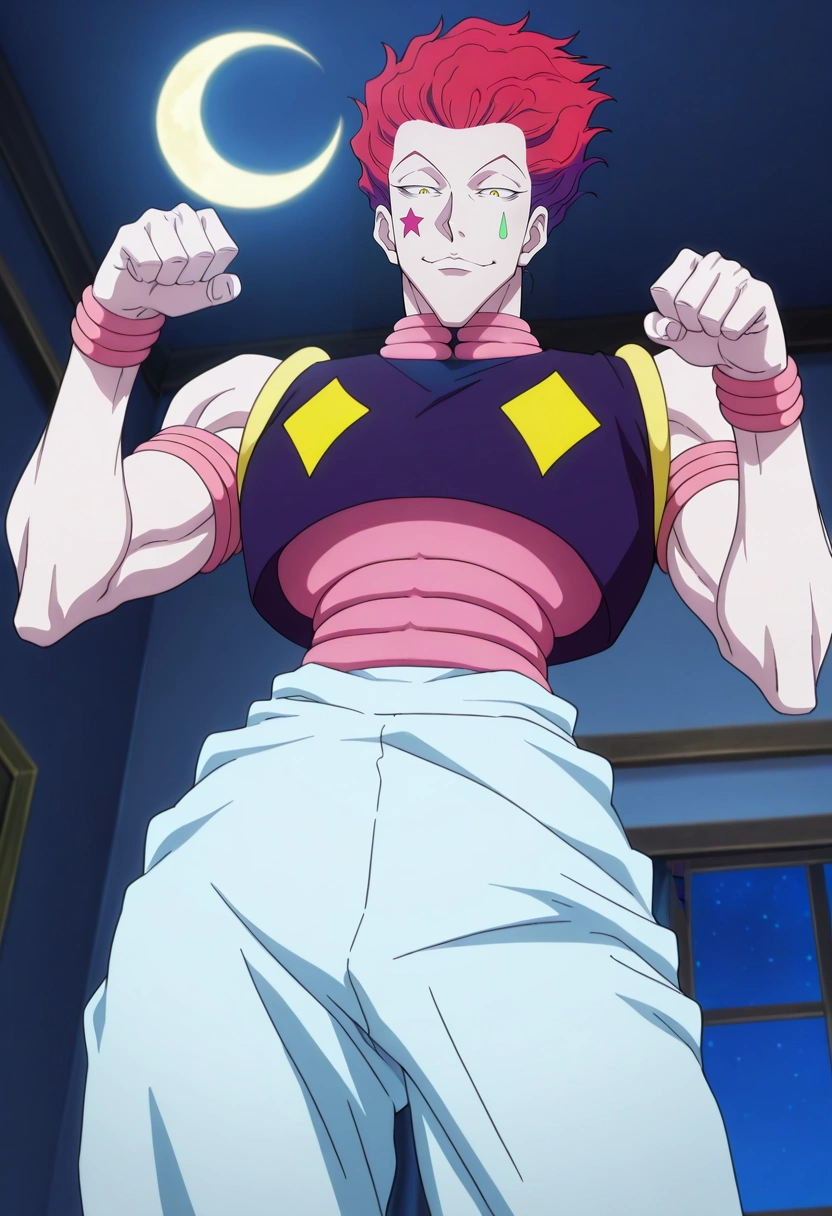 masterpiece, best quality, intricate details, anime screencap, anime coloring, official style, , 1boy, solo, male focus, <lora:hisoka_morow_ilxl:0.96>, hisoka_morow, red hair, yellow eyes, facial mark, star \(symbol\), from below, bedroom, (plush), night, crescent moon, paw pose, :\3,