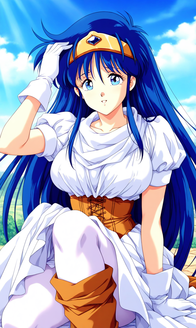 general,highres, ultra-detailed,very aesthetic,best quality ,best hands, BREAK <lora:Irene_La_Tias_XEXEX_IS:0.8> 1990s (style), 
Irene_La_Tias(XEXEX), 1girl, solo, very long hair, blue hair, blue eyes, tiara, large breasts, circlet, bangs,
white dress, white gloves, brown corset,
blue sky, game cg style,