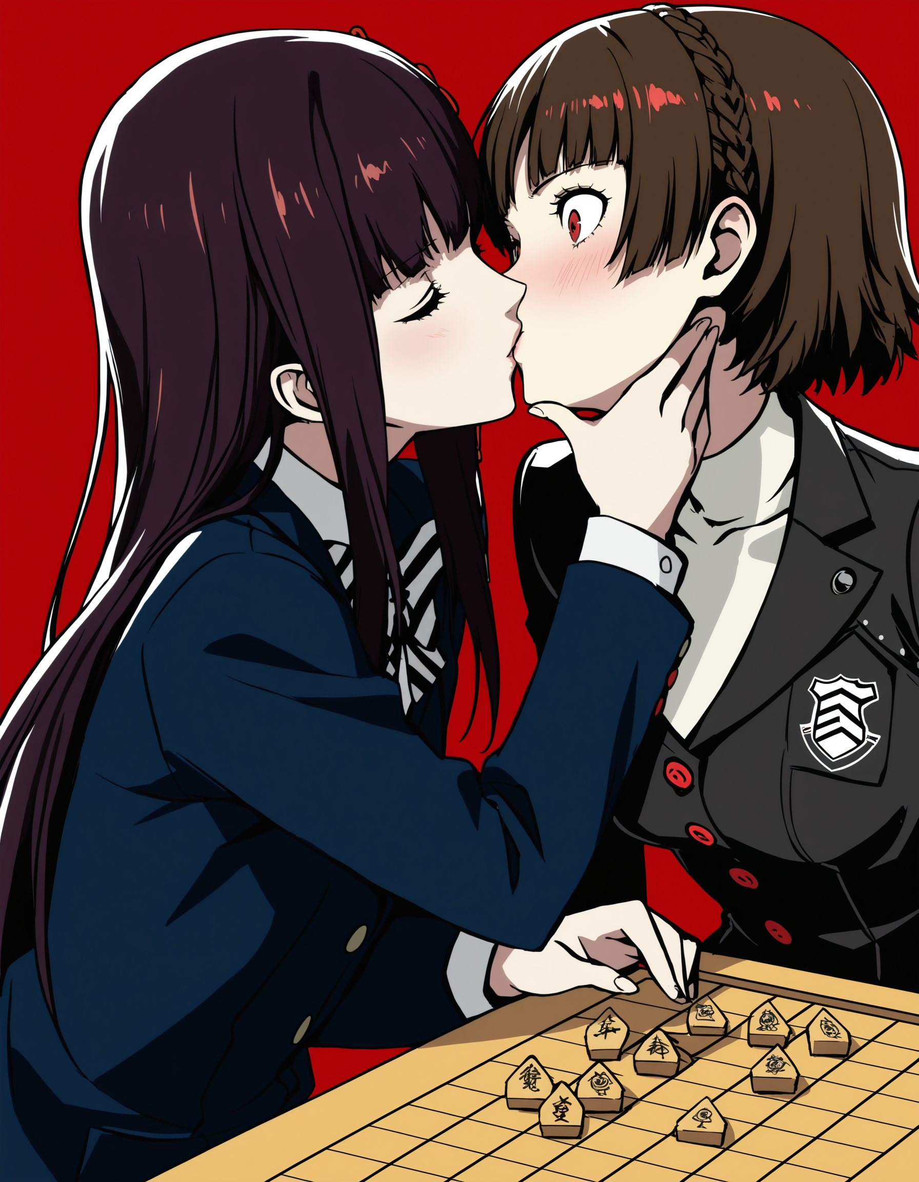 [Base Prompt] 2girls, kiss, from side, playing shogi, shogi board, school uniform, red background, persona 5, simple background, masterpiece, best quality, amazing detail, high definition // [Regional Prompting] [Region 1] tougou hifumi, p5hifumi, eyes closed, kiss, head tilt, chin grab, school uniform, blue blazer, hair ornament, striped bow, from side, playing shogi, blush, [Lora "p5hifumi-ill.safetensors"]  [Region 2] niijima makoto, persona 5, brown hair, kiss, shocked, (white turtleneck:1.2), halterneck, blush, red eyes,