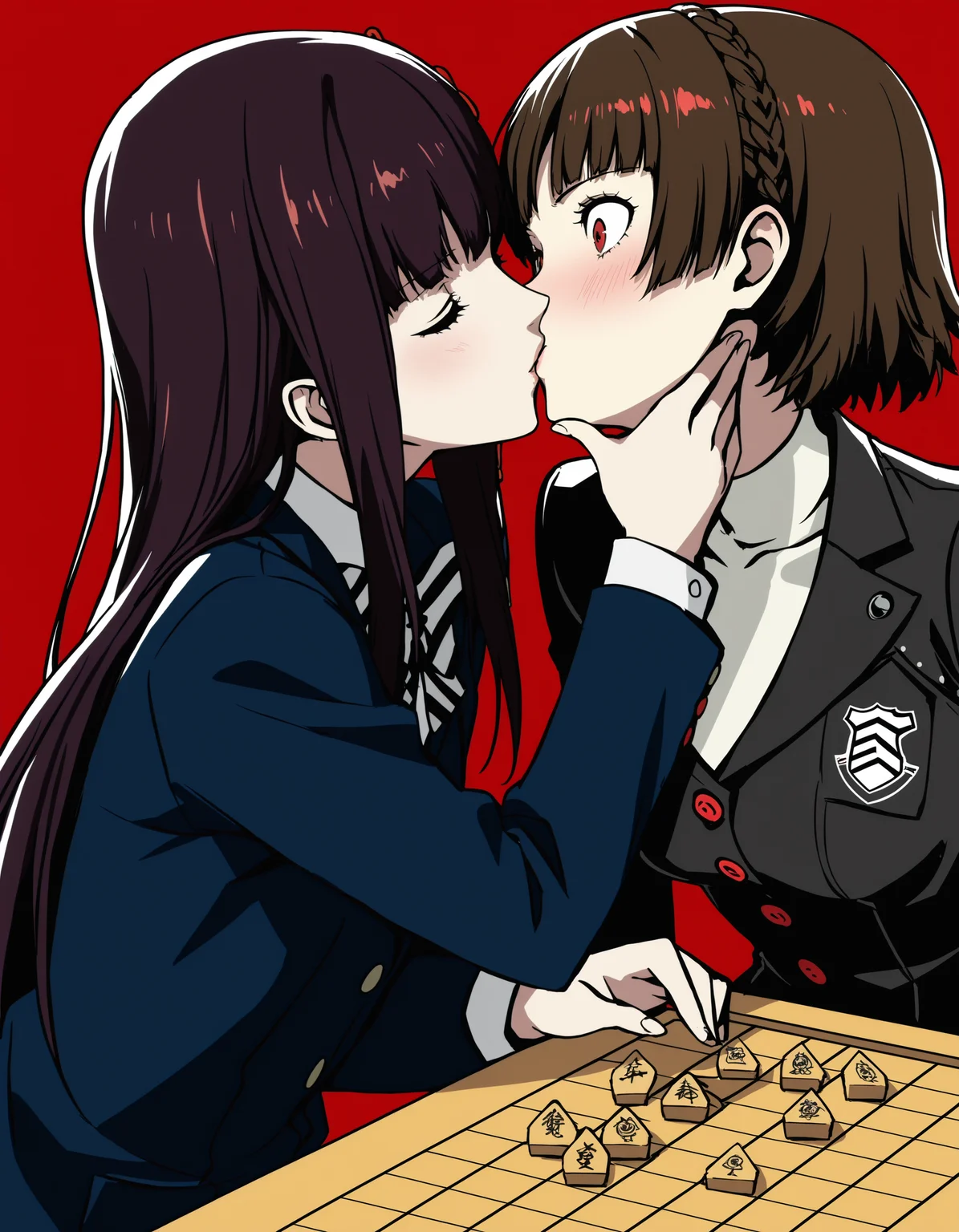 [Base Prompt] 2girls, kiss, from side, playing shogi, shogi board, school uniform, red background, persona 5, simple background, masterpiece, best quality, amazing detail, high definition // [Regional Prompting] [Region 1] tougou hifumi, p5hifumi, eyes closed, kiss, head tilt, chin grab, school uniform, blue blazer, hair ornament, striped bow, from side, playing shogi, blush, [Lora "p5hifumi-ill.safetensors"]  [Region 2] niijima makoto, persona 5, brown hair, kiss, shocked, (white turtleneck:1.2), halterneck, blush, red eyes,