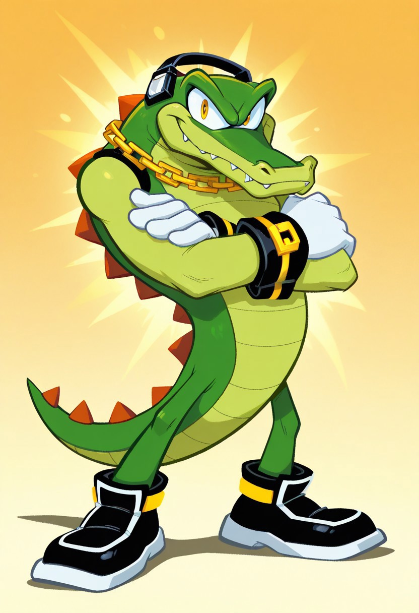 1boy, solo, VectorTheCrocodile, 1boy, green scaly body, yellow eyes, sharp teeth, black headset, gold chain around neck, black wrist cuffs, sleek black shoes, red triangular spikes along body and tail, white gloves, big eyes, expressive eyes, toony eyes, smile, closed mouth, crossed arms, solo, full body, standing, high quality, detailed, digital art, simple background, masterpiece, silly, wacky, ((amazing shading)), western animation style