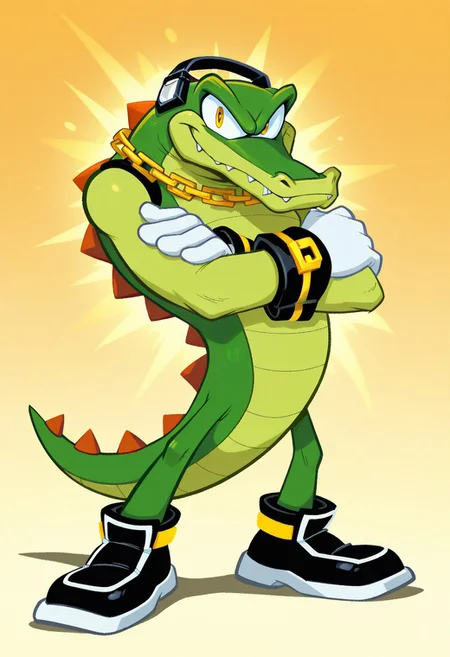 1boy, solo, VectorTheCrocodile, 1boy, green scaly body, yellow eyes, sharp teeth, black headset, gold chain around neck, black wrist cuffs, sleek black shoes, red triangular spikes along body and tail, white gloves, big eyes, expressive eyes, toony eyes, smile, closed mouth, crossed arms, solo, full body, standing, high quality, detailed, digital art, simple background, masterpiece, silly, wacky, ((amazing shading)), western animation style