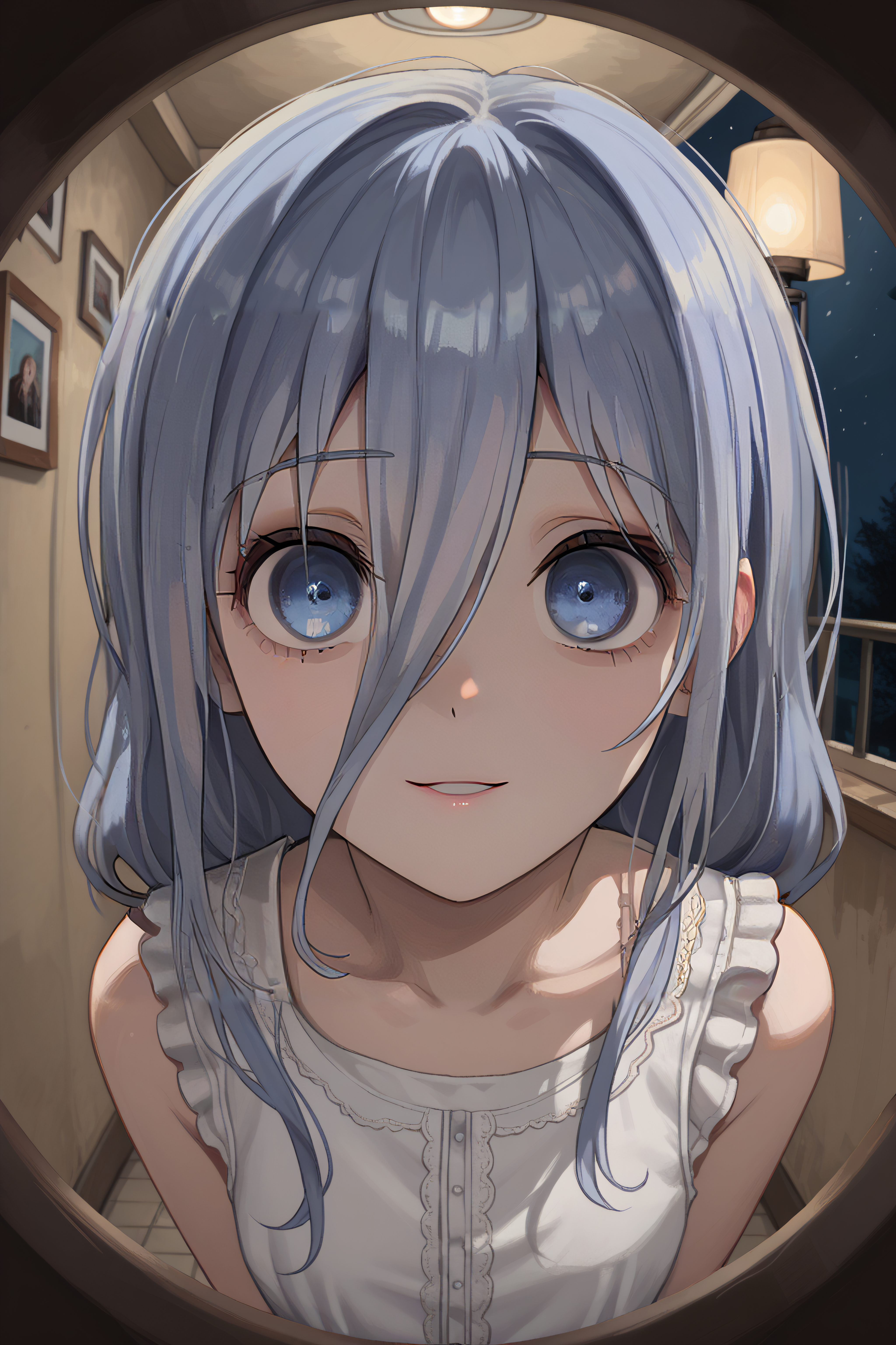 score_9, score_8_up, score_7_up, score_6_up, source_anime, BREAK, <lora:Mio Takamiya-PonyXL-lora-Faxtron:0.85> mio takamiya, blue eyes, grey hair, long hair, hair between eyes, white dress, collarbone, sleeveless,
<lora:pov-peephole-ponyxl-lora-nochekaiser:1> pov peephole, peephole, fisheye, round border, peeking, voyeurism, aprtment, yandere, horror (theme), yandere, flourescent lamp,,