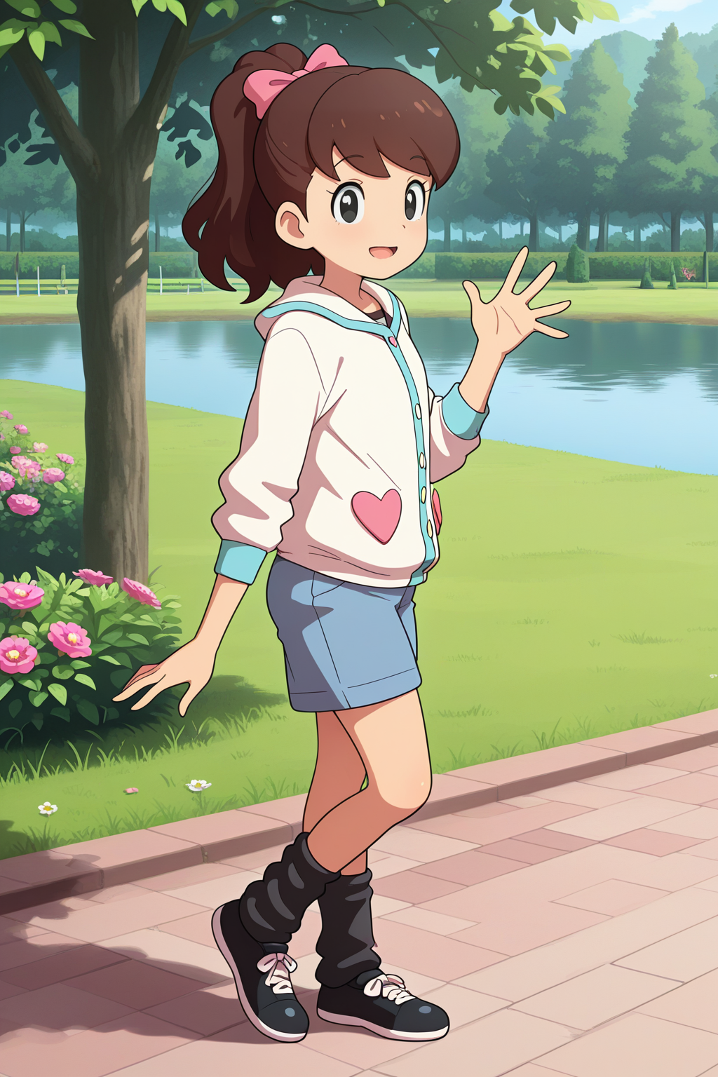 masterpiece, best quality, amazing quality, absurdres, kodamafumika, brown hair, high ponytail, solo, smile, waving, looking at viewer, white jacket, (heart patch:0.2), blue shorts, black ankle warmers, black shoes, outdoors, park, lake, grass, flowers