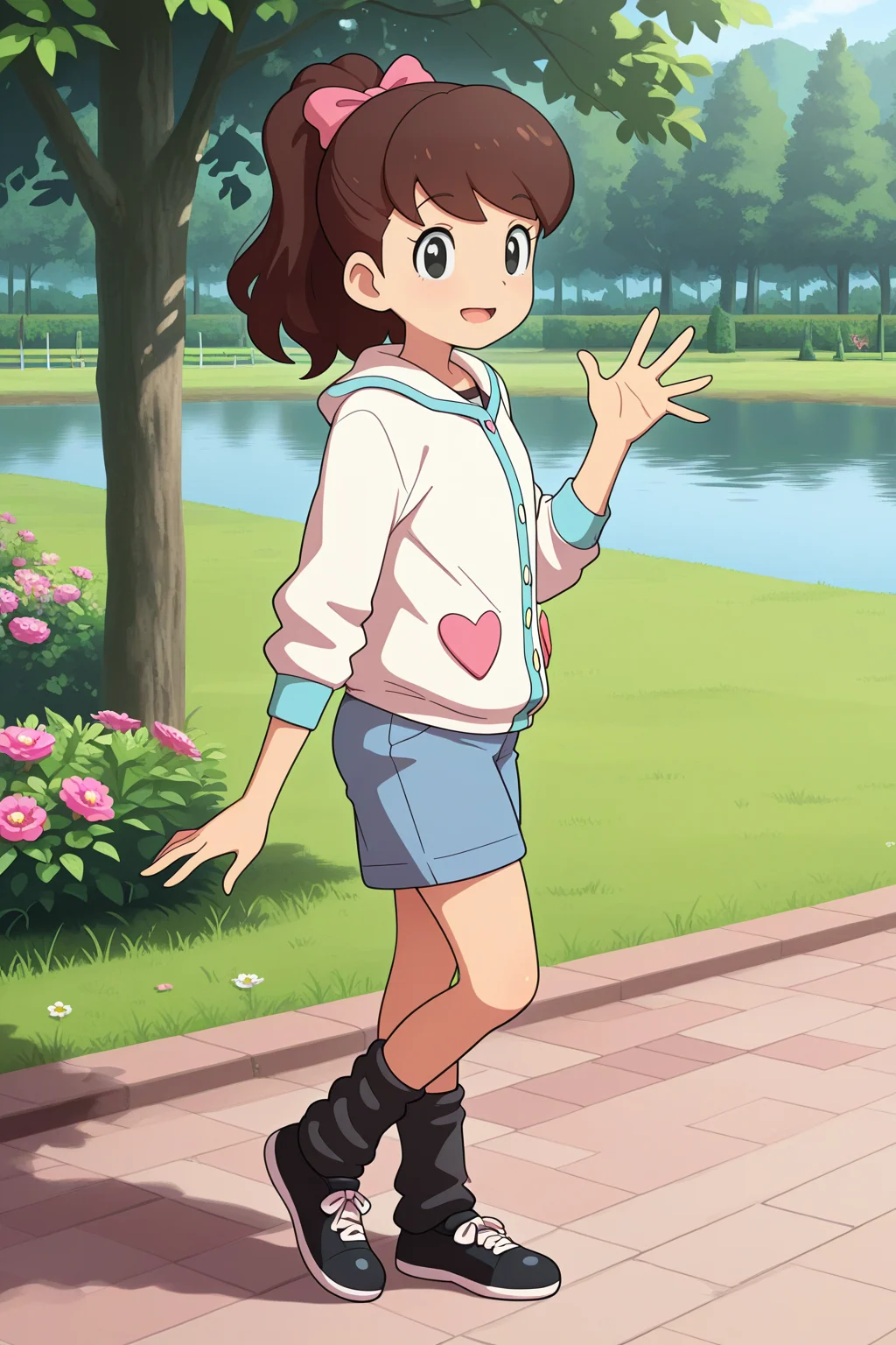 masterpiece, best quality, amazing quality, absurdres, kodamafumika, brown hair, high ponytail, solo, smile, waving, looking at viewer, white jacket, (heart patch:0.2), blue shorts, black ankle warmers, black shoes, outdoors, park, lake, grass, flowers