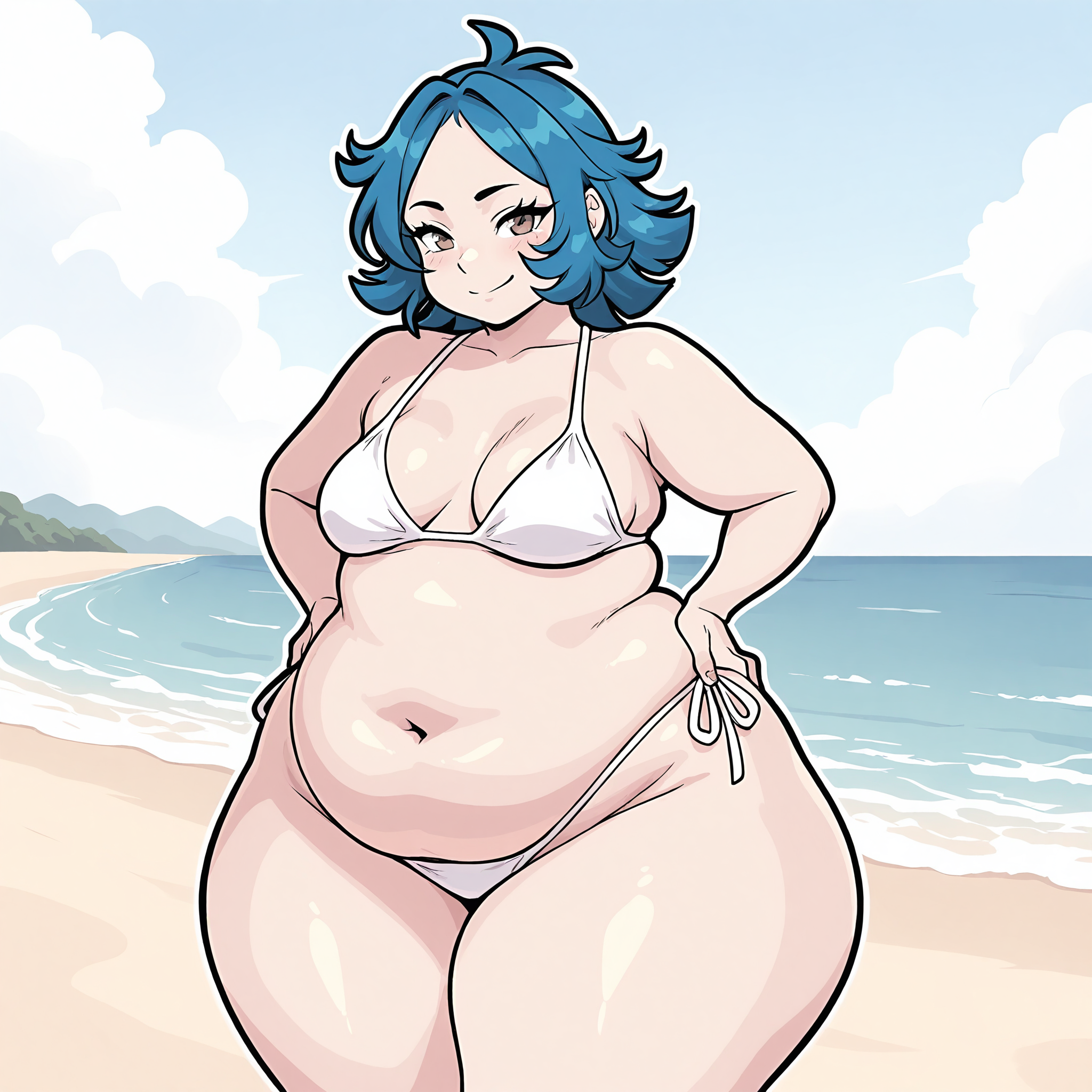 (masterpiece), best quality, (highly detailed), 1female, solo, <lora:Marnie_SkoddyWoddy_OC_Illustrious:0.6> , Marnie, blue hair, brown eyes, white bikini, beach, fat, smile, hands on hips, thick thighs, wide hips,