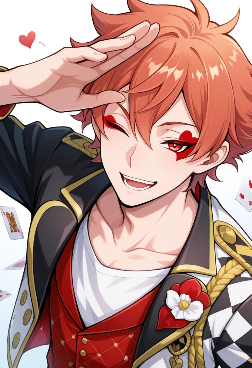 masterpiece,best quality,amazing quality, source_anime, 
acetrappola, 1boy, male focus, solo, red eyes, orange hair, facial tattoo, heart tattoo, dorm uniform, collarbone, shirt, white shirt, vest, red vest, jacket, flower, multicolored jacket, black and white jacket, open jacket, smile, one eye closed, open mouth,
cards, alice in wonderland,