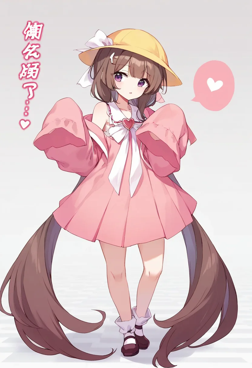 score_9, score_8_up, score_7_up, source_anime, BREAK
<lora:TsukiyomiAi_MMD_Pony_V1:0.85> Tsukiyomi_Ai, Purple Eyes, brown hair, very long hair, low twintails, bangs, pink hair ribbon, headset, school hat, yellow hat,
White neck ribbon, kindergarten uniform, collared dress, frilled collar, pink dress, Heart Brooch, short dress, Sleeveless dress, Heart name tag,
(off Shoulder), collarbone, sleeves past fingers, pink sleeves,
(cover page, cover, official art, cover page, doujin cover, speech bubble, text focus, heart, magazine cover),
red streaked background, simple bacground,,white streaked background, simple bacground,,