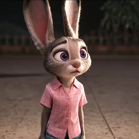 judyhopps confused, dark, night, backlighting, solo, pink shirt, jeans, arms at sides, front view, portrait, rating_safe <lora:judyhopps-v1-ponyv6xl:1>