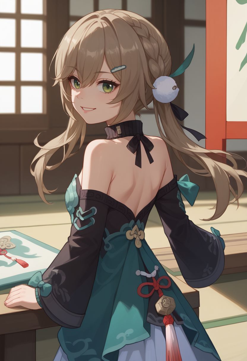score_9, score_8_up, score_7_up, source_anime, 1girl, qingquedef, green eyes, brown hair, long hair, twintails, braid, hair ornament, hairclip, small breasts, bare shoulders, shoulder cutout, turtleneck, dress, long sleeves, skirt, tassel, standing, smile, looking at viewer, indoors, shrine, close-up, facing viewer, hands on hips, upper body, from behind, looking back, <lora:Qingque_v1-000010:1>