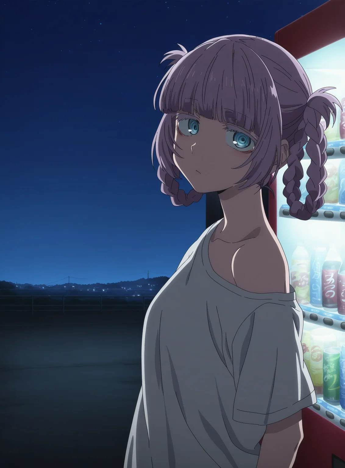 (masterpiece), (best quality), (intricate details, very aesthetic), absurdres, highres, cinematic light, 1girl, <lora:anime_screencap:1> anime screencap, anime coloring, nanakusa nazuna \(yofukashi no uta\), purple hair, yofukashi no uta, night, white shirt, short sleeves, single bare shoulder, soda can, vending machine, night, mon, star \(sky\), looking at viewer,