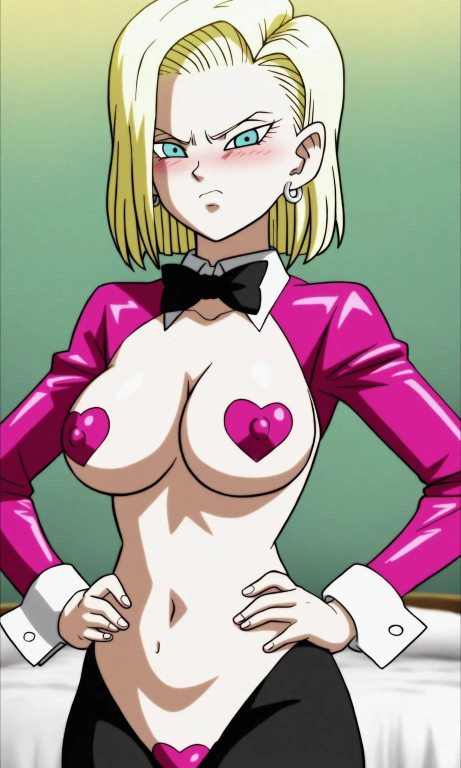 masterpiece, best quality, high resolution, absurdres, 1girl, dbstyle, android_18, reverse_bunnysuit, pink_pasties, heart_pasties, shrug_(clothing), detached_collar, black_bowtie, hands_on_own_hips, looking_at_viewer, blush, indoors, closed_mouth, embarrassed, disgust