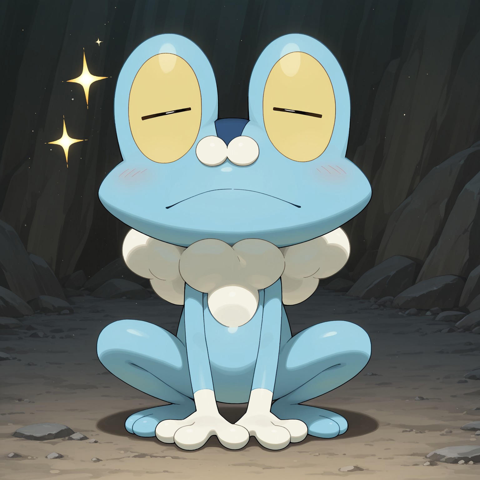 2d, solo, Pokemon (creature), Froakie, Amphibian, Frog, (shiny pokemon, light blue skin), yellow sclera, black eyes, white hands, puffy neck fluff, white neck fluff, three fingers, two toes, 

BREAK arms crossed, confident, eyes closed, happy, grinning, looking at viewer, squatting, sparkles

BREAK best quality, amazing quality, very aesthetic, absurdres, newest, masterpiece, high quality