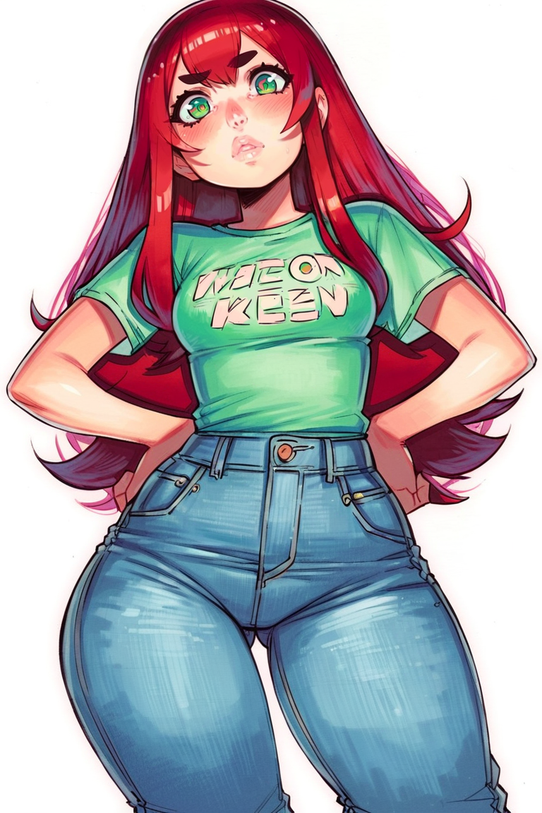 <lora:Omardogan1976:1>, score_9, score_8_up, score_7_up, score_6_up, score_5_up, rating_questionable, source cartoon
1girl, pretty face, pretty eyes, detailed eyes, HD eyes, thick thighs
hands on hips, standing, cowboy shot
looking at viewer, blush, eyebrows, long hair, red hair, green eyes
jeans, green t-shirt, boots, high waisted jeans
simple background, white background