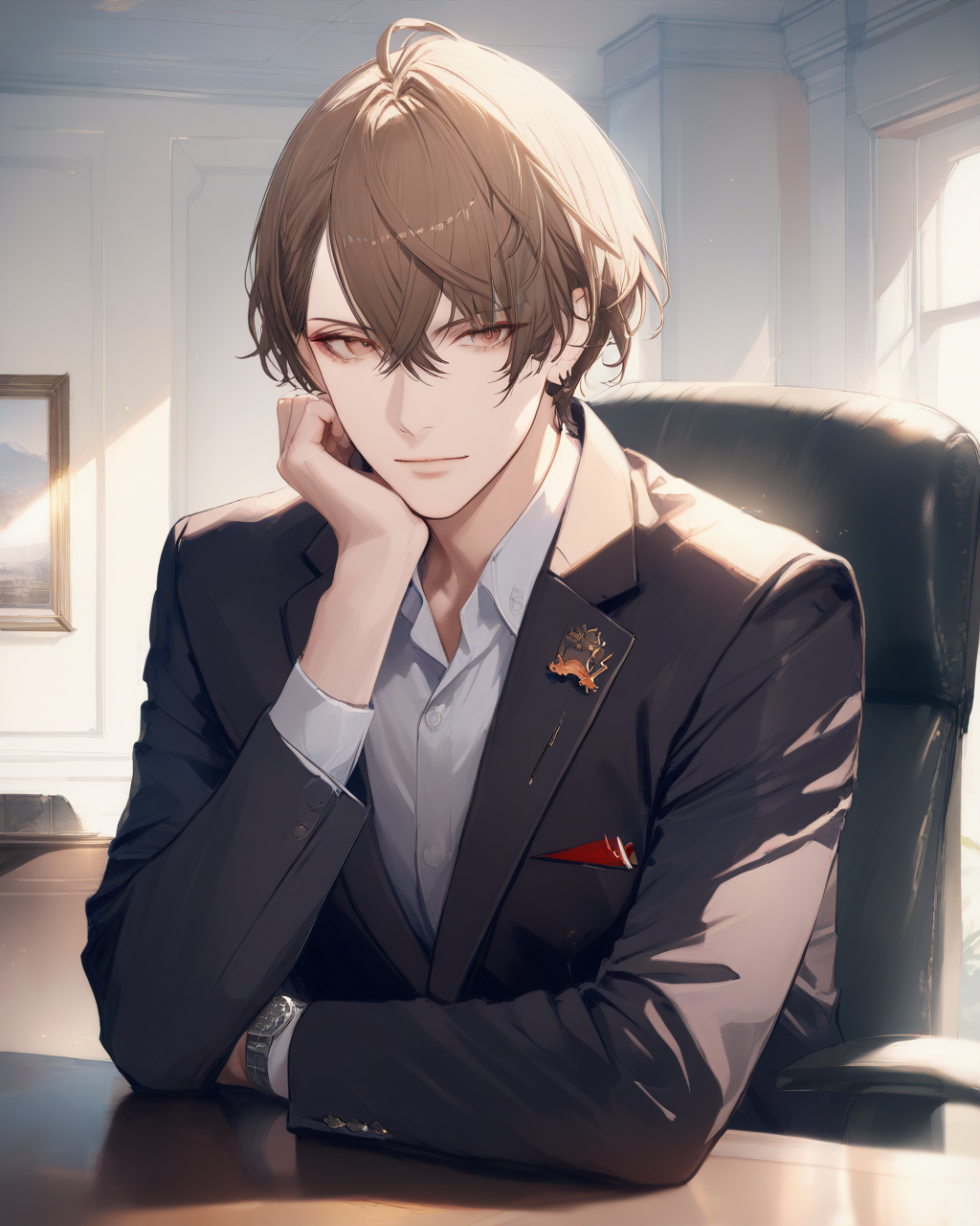 1boy, KagamiHayatoNijisanji, 
safe, male focus, upper body, realistic,
nose,
looking at viewer,
suit jacket,
collared shirt,
lapel pin, wristwatch,
president's office, swivel chair, table, 
<lora:kp_KagamiHayatoNijisanjiAnimagineXL_v1_1:1.0>,
masterpiece, high score, great score, absurdres
