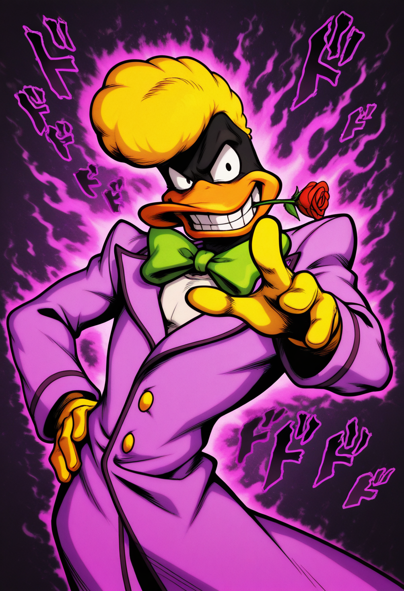 masterpiece, best quality, Graphic Design, color art, vibrant colors, colorful, intricate details, high contrast, detailed background, beautiful detailed, beautiful face, detailed eyes, detailed face, new, newest, z00td4ffy, 1boy, solo, male focus, furry, duck, black skin, beak, black eyes, yellow hair, pompadour, suit, formal, purple coat, yellow gloves, green bowtie, jojo pose, menacing, purple aura, cowboy shot, dynamic pose, rose in mouth, grin, one hand above head, one hand on hip, dutch angle,