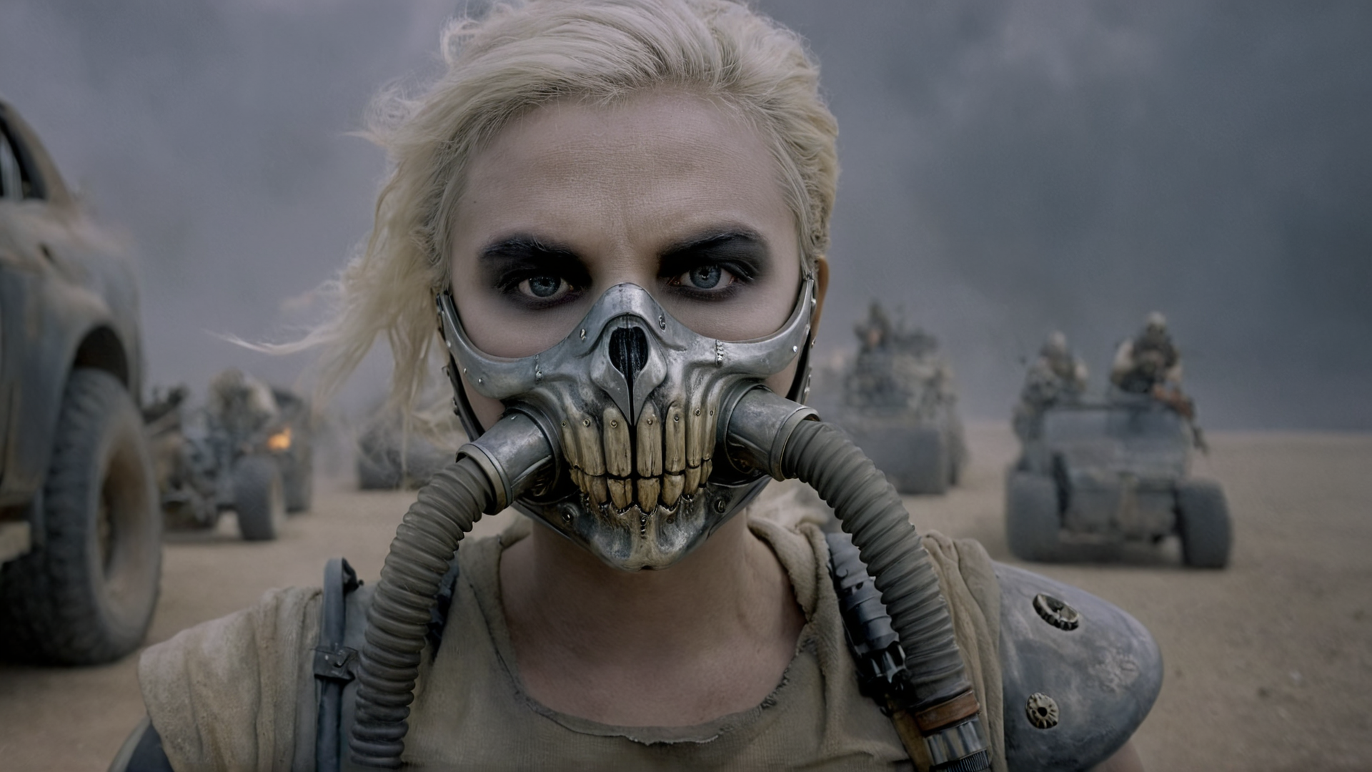 cinematic film still of  <lora:detailed_notrigger:0.1>
<lora:facial expression style v2:0.1>
<lora:perfection style:0.1> perfection style
<lora:TeethXL:0.1>
<lora:detailed:0.1> detailed
 <lora:skin texture style:0.2>
 <lora:anamorphic bokeh style:0.9> anamorphic bokeh style
 <lora:Hollywood Anamorphic format film style:0.3>
 <lora:cinematic color motion picture film style:0.1>
 <lora:Mad Max Fury Road style:0.8>
In a dystopian world - The collapse of society Immortan Joe a painting of a skeleton with a gas mask on,solo,looking at viewer,1boy,male focus,teeth,mask,portrait,realistic,straight-on , action movie themed, sharp, detailed, epic cinematic photography, artistic, dramatic light, cinematic color style, Kodak film style, Mad Max Fury Road style, angry, shallow depth of field, vignette, highly detailed, high budget, bokeh, cinemascope, moody, epic, gorgeous, film grain, grainy