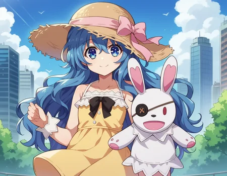 score_9, score_8_up, score_7_up, source_anime,
dalyoshino, <lora:dal-yoshino-s2-ponyxl-lora-nochekaiser:1>,
yoshino casual, long hair, hat, dress, ribbon, blue hair, blue eyes, eyepatch, stuffed toy, sun hat, straw hat, stuffed bunny, puppet, hand puppet,
outdoors, cityscape, smile,
looking at viewer, cowboy shot, dutch angle,