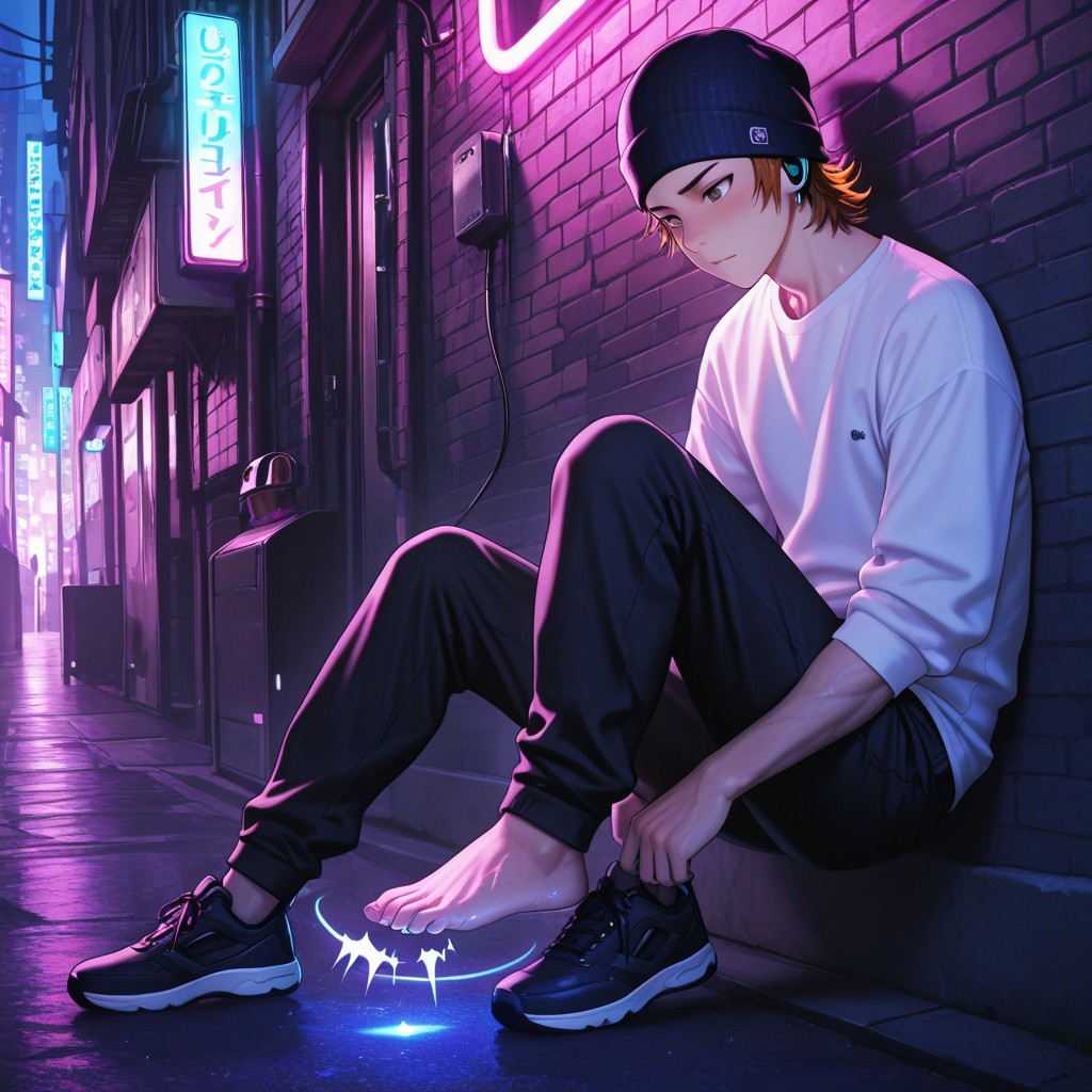 masterpiece, best quality, amazing quality, absurdres, newest, detailed background, definition so sharp, Ultra-HD, 8K cinematic, very awa, impressionate, amazing quality, highres, 
solo, male focus, manly, 
1boy, short hair, beanie, headphone, misaki_orange hair, misaki_brown eyes, misakiyata, casual streetwear, graphic t-shirt, city alley, vibrant lighting, neon glow, upbeat, cool, rhythmic, youthful spirit, leaning against wall, tapping foot, listening to music,