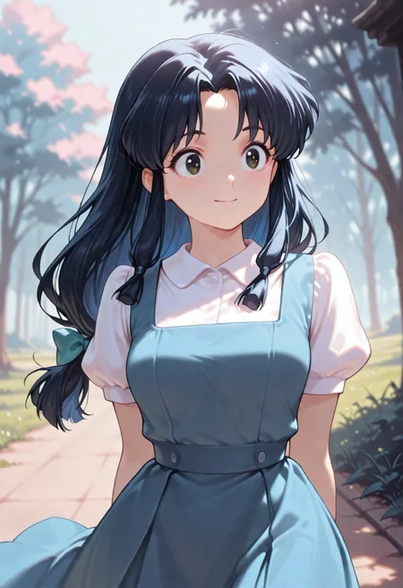 masterpiece, best quality, ultra-HD, high detail, depth of field, (blurred background), (dramatic lighting), very aesthetic,8k,
akane, 1girl, solo, black eyes, parted bangs, sidelocks,
low-tied long hair, hair bow, blue dress, pinafore dress, puffy short sleeves, white shirt, collared shirt, school uniform,
outfit_remake, blue hair,
breasts, wind, skirt uplift, panic holding the skirt, panty, pastel colors, anime, outdoors, happy, trees, grass