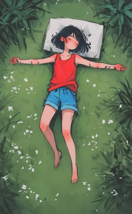 masterpiece, best quality, amazing quality, 1girl, solo, short hair, shirt, black hair, closed eyes, flower, outdoors, lying, shorts, sleeveless, barefoot, on back, pillow, sleeveless shirt, from above, grass, sleeping, plant, outstretched arms, red shirt, scenery, blue shorts, wide shot, field, Karinami Inkblush mode,thick ink outlines,soft marker gradients,era 2020s indie illustration,(Inkblush style:1.2),
watercolor, <lora:noobai_ep11_stabilizer_v0.138_fp16:0.3> <lora:XXX667:0.6> <lora:96YOTTEA-WAI:0.6> <lora:wodder:0.7> <lora:Karinami_Inkblush_mode_Illustrious_clean:0.5>