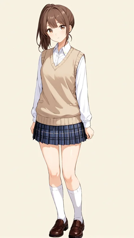 masterpiece,best quaity,
<lora:yunatoomi.sdxl.v3:0.4>
yuna toomi
1girl,solo, brown hair, ponytail,
brown eyes,
school uniform, white shirt, collared shirt, long sleeves
plaid skirt, pleated skirt,
white kneehighs,
brown footwear,
sweater vest, beige sweater,
standing,
full body,
simple background,