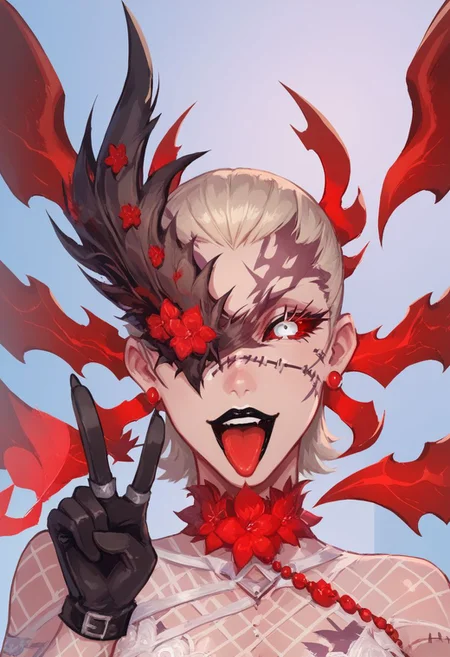 score_9, score_8_up, score_8, pretty girl, Emblaymir, looking at the spectator,(upper body),
fishnets, stitches, White eyes, one eye covered, earrings, lace, holding, gloves, red sclera, flower, eye patch, short hair,perfect eyes,black lipstick, tongue out, peace sign,platinum hair,