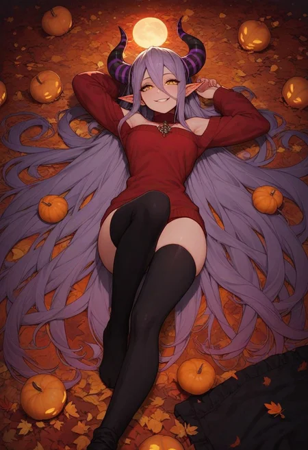 score_9, score_8_up, score_7_up, score_6_up, 
1girl, 25 years old, perfect face, looking at viewer, adult, sexy,
yellow eyes,
demon girl, demon horns, huge horns, striped horns, black horns, purple horns, pointy ears, 
multicolored hair, streaked hair, grey hair, purple hair, long hair, very long hair, hair between eyes, 
red sweater, oversized_clothes, bare shoulders, bottomless, black thighhighs, 
autumn, autumn leaves, 
night, glowing pumpkins, full moon, 
on back, on floor, lying, arms up, seductive smile,