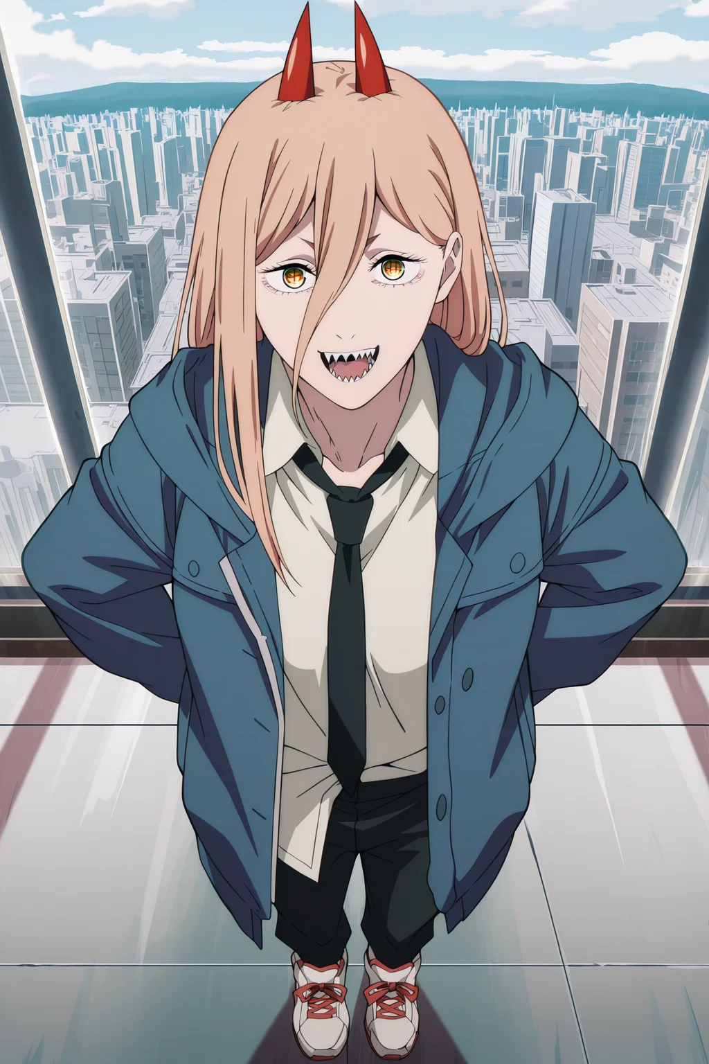anime screencap, anime coloring, detailed face, masterpiece, best quality, very aesthetic, absurdres, volumetric lighting, official style, amazing quality, ultra detailed,  highres, amazing quality, scenery, beautiful detailed hair, beautiful detailed eyes,
<lora:StS-Illustrious-Detail-Slider-v1.0:4>
 <lora:Power_Chainsaw_Man_-_Illustrious_V2:1>
outside, in a city,
power (chainsaw man), 1girl, solo, red horns, long hair, hair between eyes, blonde hair, yellow eyes, symbol-shaped pupils, cross-shaped pupils, collarbone, sharp teeth,
Power blue public safety uniform outfit, black necktie, white collared shirt, black pants, shoes, sneakers, open clothes, blue jacket,
full body shot, mouth open, smile, looking at the viewer, high angle
