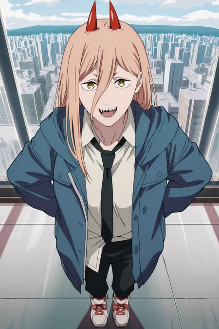 anime screencap, anime coloring, detailed face, masterpiece, best quality, very aesthetic, absurdres, volumetric lighting, official style, amazing quality, ultra detailed, highres, amazing quality, scenery, beautiful detailed hair, beautiful detailed eyes,
<lora:StS-Illustrious-Detail-Slider-v1.0:4>
<lora:Power_Chainsaw_Man_-_Illustrious_V2:1>
outside, in a city,
power (chainsaw man), 1girl, solo, red horns, long hair, hair between eyes, blonde hair, yellow eyes, symbol-shaped pupils, cross-shaped pupils, collarbone, sharp teeth,
Power blue public safety uniform outfit, black necktie, white collared shirt, black pants, shoes, sneakers, open clothes, blue jacket,
full body shot, mouth open, smile, looking at the viewer, high angle