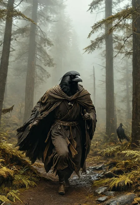 (masterpiece,best quality,ultra_detailed,highres,absurdres:1.2), DnD_Grainyboyz,
BREAK
highly detailed photo of black corvidfolk running through forest, (dynamic pose:1.2), (fast running:1.3), motion blur, wearing brown robe, moody forest,
detailed background, (ancient dence forest:1.2), rocks, fog, (dramatic light:1.25)
<lora:neg4all_bdsqlsz_xl_V9:2><lora:dynposes3870:0.8>