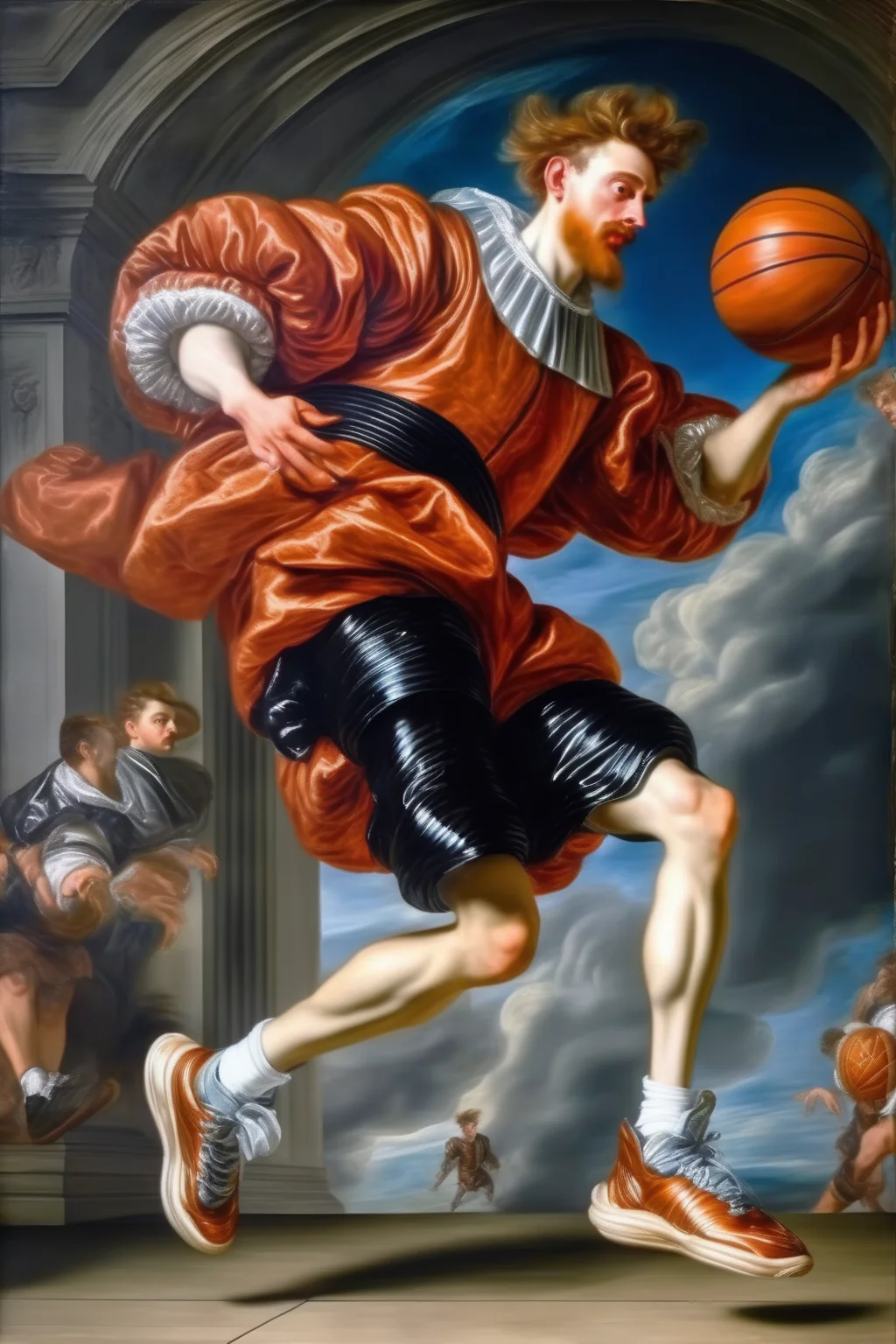 <lora:Peter Paul Rubens Style:1>Peter Paul Rubens Style - A Peter Paul Rubens painting of a basketballl player. He wears futuristic high-cut sneakers. reality. in the 20century. He's trying to dribble past the defense.