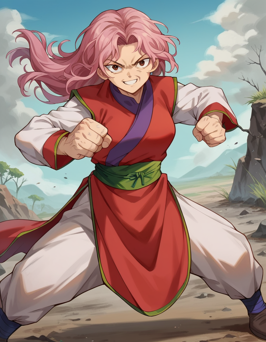 score_9, score_8_up, score_7_up, source_anime,
yyhgenkai, <lora:yyh-genkai-anime-ponyxl-lora-nochekaiser:1>,
genkai, long hair, brown eyes, pink hair, wrinkled skin, 
long sleeves, pants, sash, chinese clothes,
outdoors, wasteland, smile, fighting stance,
looking at viewer, dutch angle, cowboy shot,