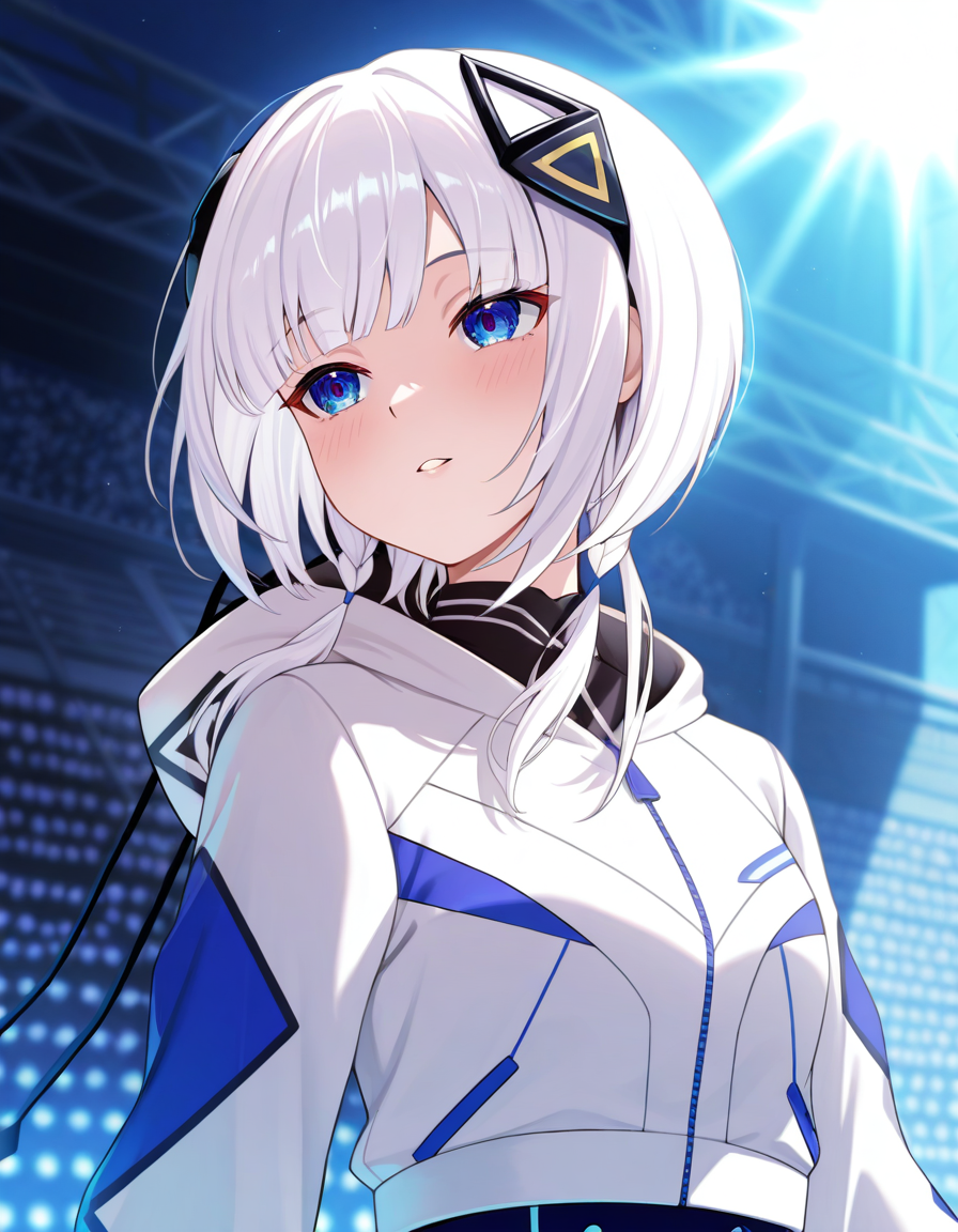 <lora:KAFU_CevioAI:1> kafu_vocal, 1girl, white hair, hair ornament, white jacket, blue eyes.  idol girl, vibrant stage performance,  idol girl, vibrant stage performance,, masterpiece, best quality, amazing quality, very aesthetic, high resolution, ultra-detailed, absurdres, newest, scenery, depth of field, volumetric lighting, detailed eyes
