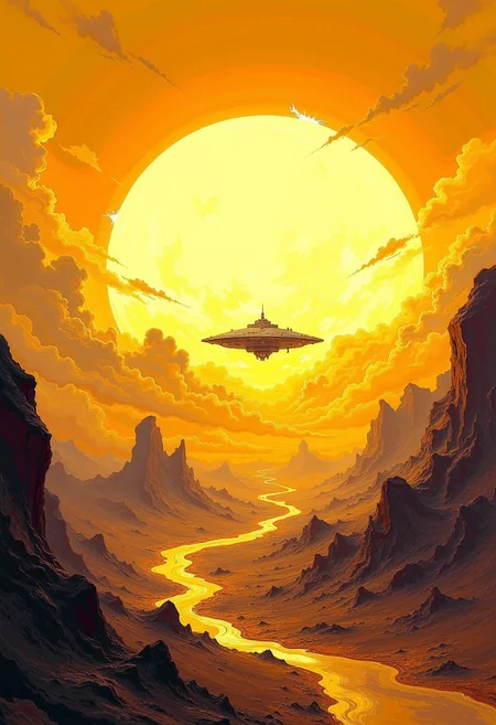 DB4RZ style painting Fantasy world, fantasy style,ggg, paining, spacestation silhouette passing in front of a giant sun, close up of the sun, sun covering the entire image, bright, light, white and yellow, intense light official art,highest detailed,,atmospheric lighting, cinematic composition,complex multiple subjects, 4k HDRvaporwave style , , cyberpunk, vibrant, neon colors, ,