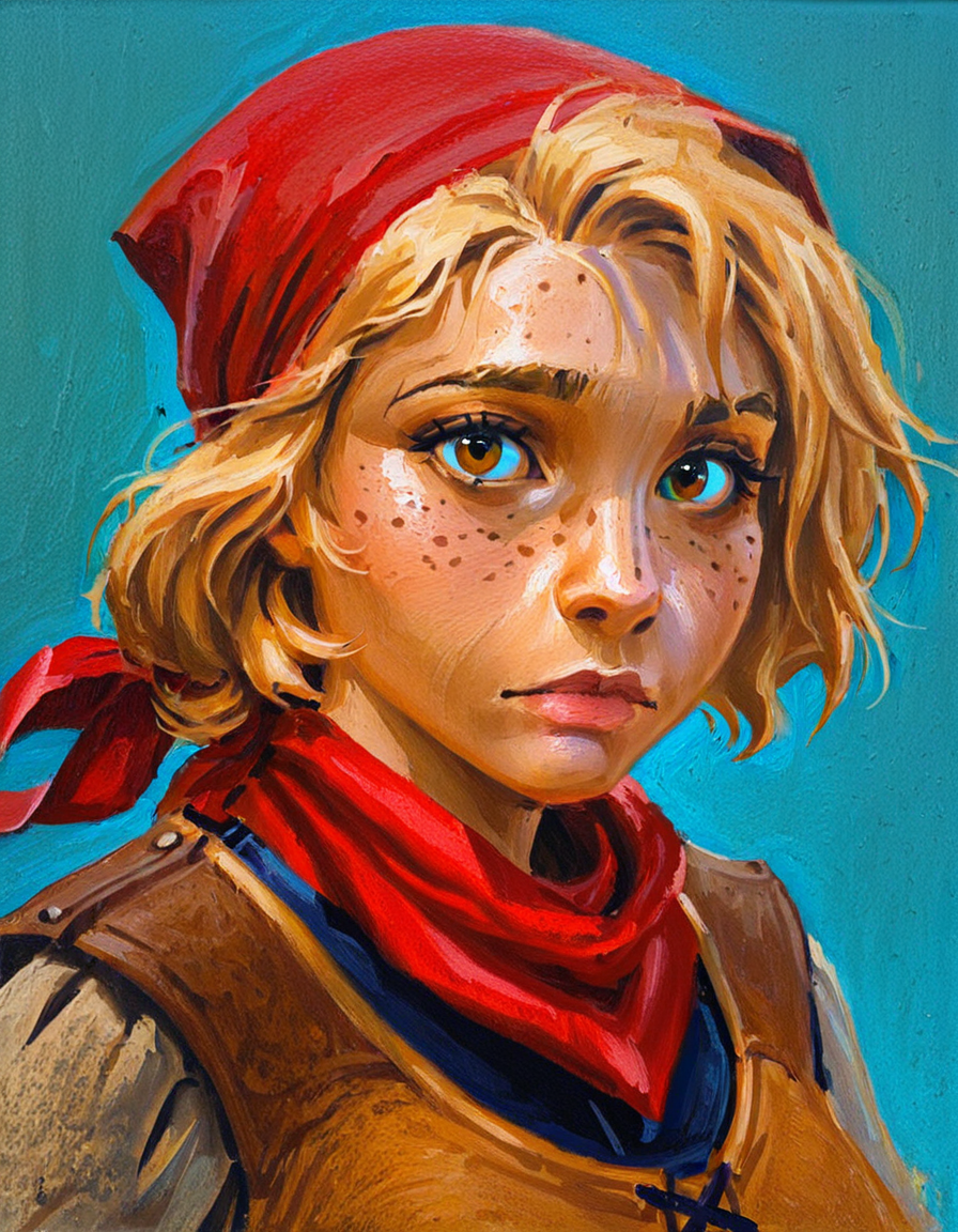 oil painting, traditional media,
masterpiece, best quality, disney animation,
solo, portrait, realistic, looking at viewer, simple background, 1girl, blonde hair, turquoise background, crimson bandana, kerchief, hazel eyes, freckles, belle, hair in face, western,
<lora:Traditional_Art_v2.5-000010:1>âââ <lora:Disney_Animation_v5-V7:0.65>âââ