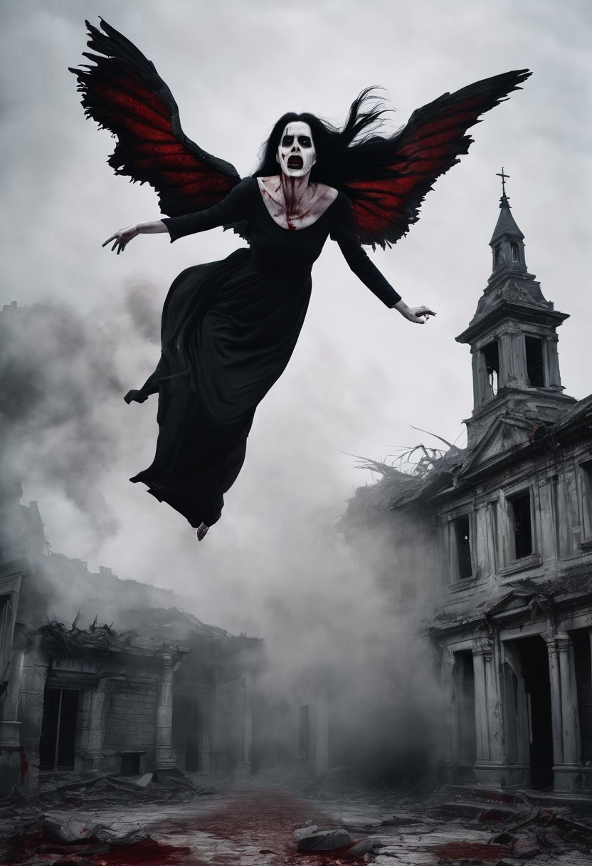 Female ghost, long black dress, flying, floating, long nails, blood, bloody, very long black hair, damaged face, horror feel, building, abandoned building, old building, night, dark, detailed background, scary, cemetery, scary, white smoke,