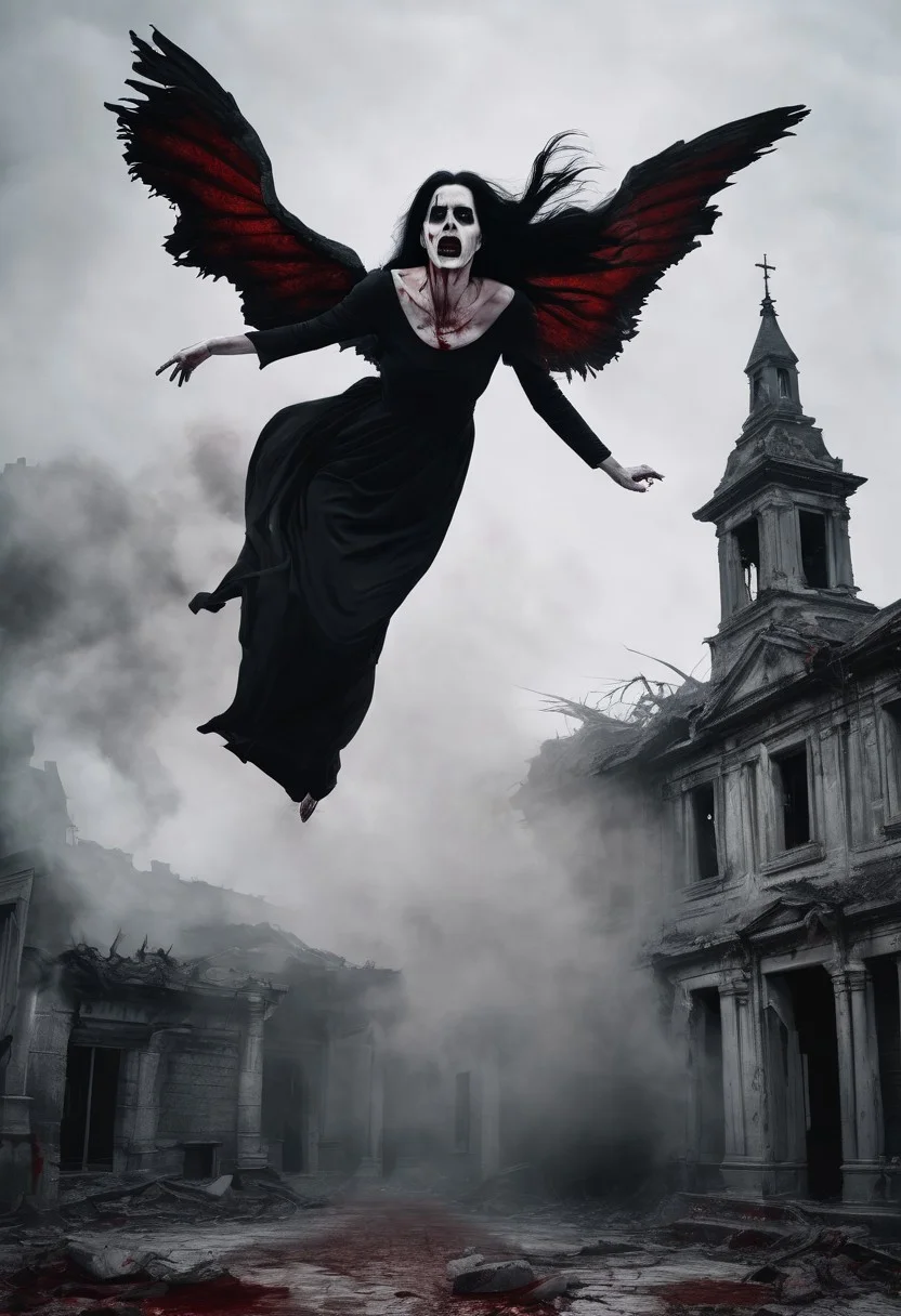 Female ghost, long black dress, flying, floating, long nails, blood, bloody, very long black hair, damaged face, horror feel, building, abandoned building, old building, night, dark, detailed background, scary, cemetery, scary, white smoke,