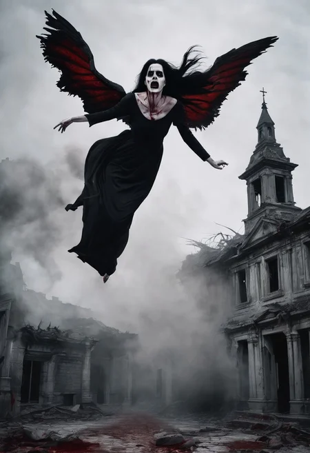 Female ghost, long black dress, flying, floating, long nails, blood, bloody, very long black hair, damaged face, horror feel, building, abandoned building, old building, night, dark, detailed background, scary, cemetery, scary, white smoke,