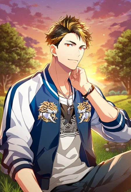 1boy, male focus, solo focus,
<lora:Character - Wind Boys - Reito Tsuji:1> reitotsuji, black hair, multicolored hair, red eyes, bracelet, necklace,
((zPDXL)), score_9_up, score_8_up, score_7_up, score_6_up, score_5_up, score_4_up, best quality, amazing quality, best aesthetic, absurdres, year2023, uncensored, nsfw, official art, official style, depth of field, detailed eye,
outdoors, sitting, riverbank, looking at viewer, sunset,
necklace, bracelet, blazer, letterman jacket,
