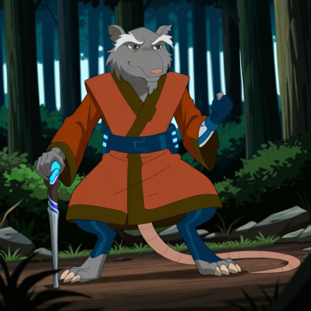 masterpiece, best quality, amazing quality, FFSplinter03IL, semi-anthro, male, rat_boy, grey fur, whiskers, brown eyes, rat tail, red-orange kimono,  in a forest, solo, full body, standing, blue belt, blue pants, blue fingerless glove, single glove, holding future cane, fighting stance