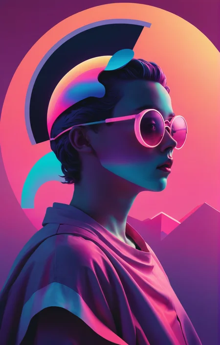 (art), 2d art, flat colors, 2d illustration [ face portrait of the silhouette of a brave warrior under a crimson moon : 1980s vaporwave aesthetics with surreal gradient geometric shapes and lines : 3 ] <lora:xslxartv4:0.65>