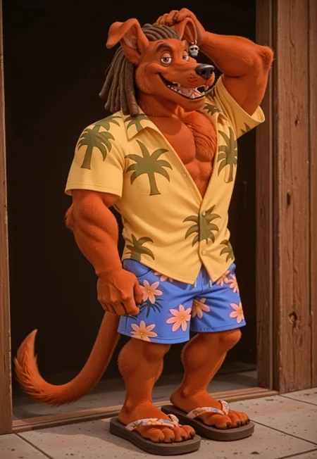 masterpiece, ultra detailed, amazing quality, absurdres, very aesthetic, photorealistic, kftenhance, no humans, solo, male focus, furry male, 1boy, 
d_w0lf_mon, red fur, red body, body fur, elbow tuft, brown hair, dreadlocks, brown eyes, long snout, black nose, single earring, skull earring, smile, fangs, looking at viewer, half-closed eyes, open mouth, tongue, teeth, wide-eyed, facial hair, chin tuft, mature male, droopy ears, muscular, chest tuft, pectoral cleavage, yellow shirt, collared shirt, hawaiian shirt, palm tree print, short sleeves, partially unbuttoned, blue shorts, swimming trunks, floral print shorts, heel up, arm up, adjusting hair, scratching head, arm at side, finger claws, tail, sandals, toe claws, perfect hands, perfect feet, 5 fingers, 4 toes, expressive, 
BREAK 
patterned background, psychedelic background, perfect lighting, shadow, pov