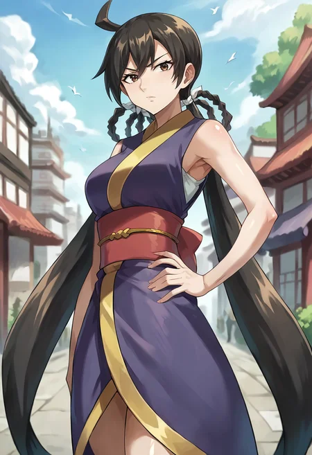 score_9, score_8_up, score_7_up, source_anime, masterpiece, 1girl, ct_kamik4, brown eyes, sleeveless kimono, obi, hand on hip, looking at viewer, depth of field, outdoors, city, day, armpit, shiny skin, thighs,<lora:Kamika_Pony_ct:0.9>