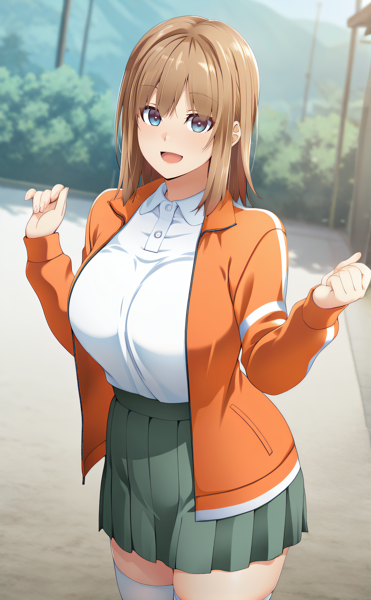 masterpiece, best quality, highres, newest, 1girl, solo, official style, anime screencap, <lora:IL_Hinagaki_Io:1>, hinagakiio, brown hair, blue eyes, large breasts, white shirt, open jacket, orange track jacket, long sleeves, green pleated skirt, white thighhighs, smile, outdoor, upper body, open mouth, hands up, five fingers, close up, looking at viewer