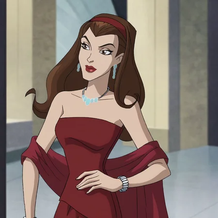 <lora:scarletwitchwolverineandxmen_pony_v3:.8>  ScarletWitchWolverineandTheXmenDress, 1girl, jewelry, red dress, earrings, long hair, brown hair, necklace, hairband, bracelet, strapless dress, lipstick, bare shoulders, makeup, cowboy shot